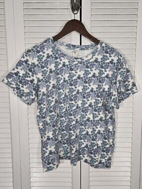 Kate Quinn Blue Wildflower Short Sleeve Crewneck Relaxed Fit Shirt Sz S